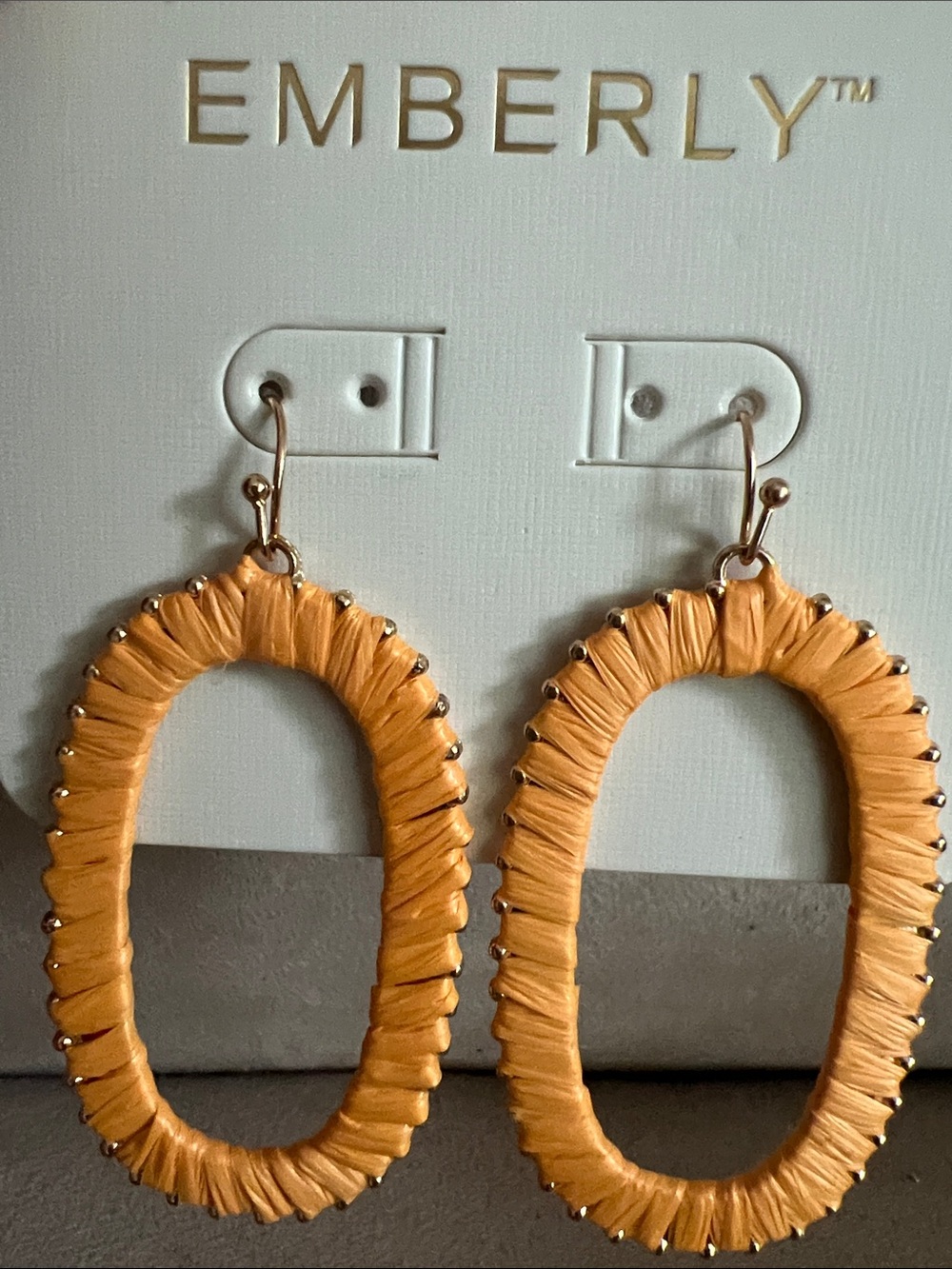 NWT Kohls Emberly Gold Tone Raffia Wrapped Oval Drop Earrings